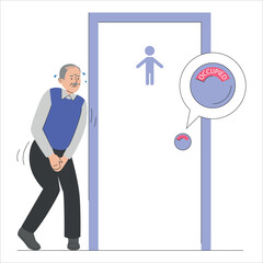 Senior man wants to pee and standing at the closed toilet door vector isolated. Occupied WC, male character needs to urinate. Funny character with full bladder. - obrazy, fototapety, plakaty
