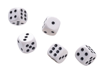 five falling game dice isolated on white background.