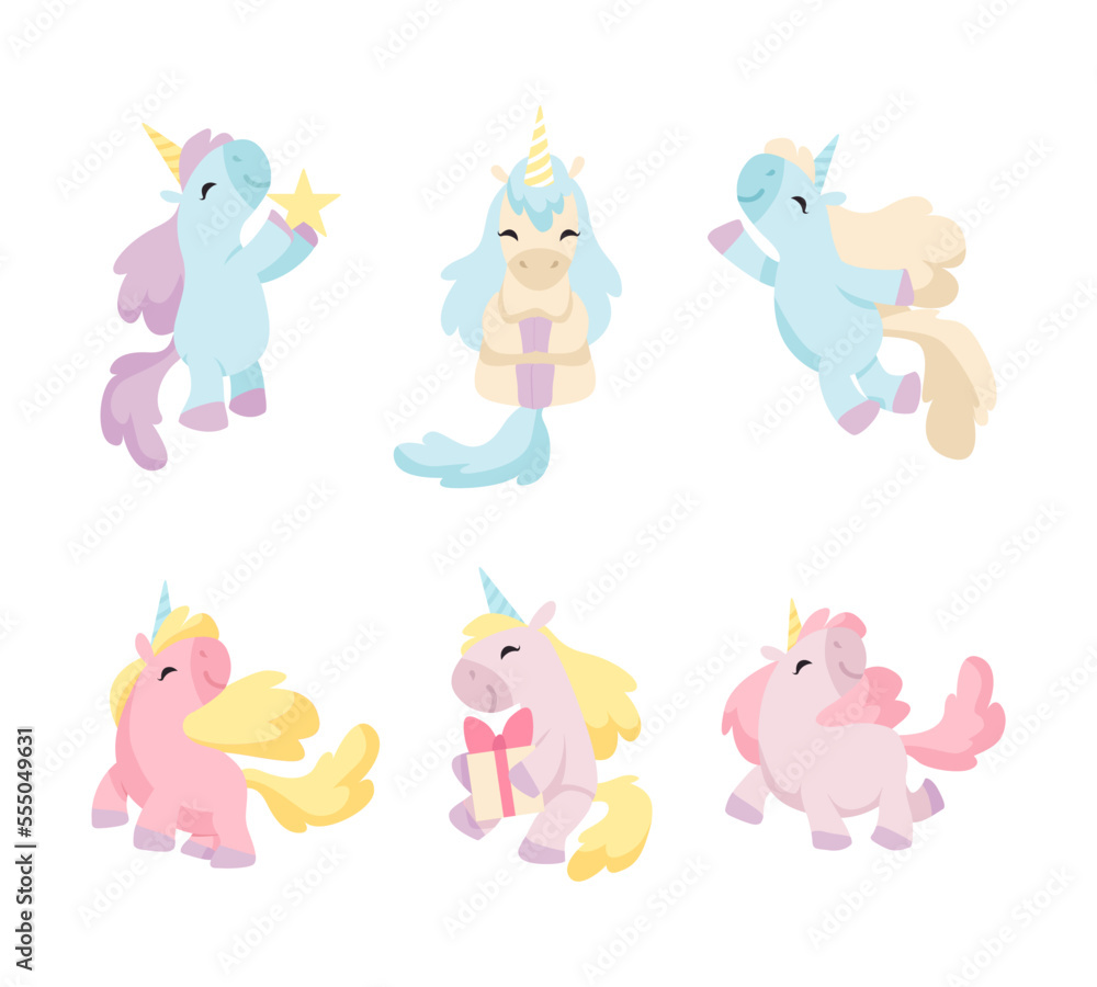 Aufkleber cute unicorn character with pointed spiraling horn and colorful mane vector set