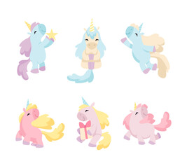 Cute Unicorn Character with Pointed Spiraling Horn and Colorful Mane Vector Set