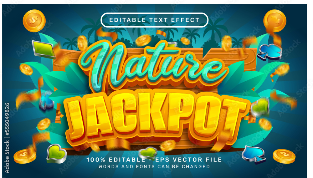 Poster nature jackpot 3d text effect and editable text effect whit wood and leaf nature element