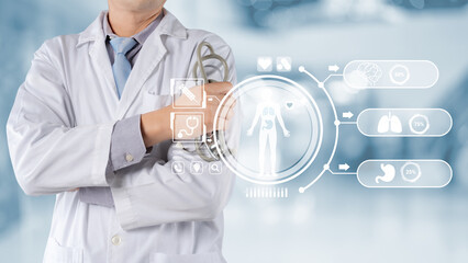 Medical concepts and health care, Doctor with stethoscope in the hospital background