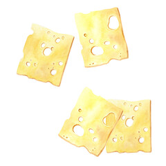 Set of yellow cheese slices with holes. Watercolor illustration isolated on white background