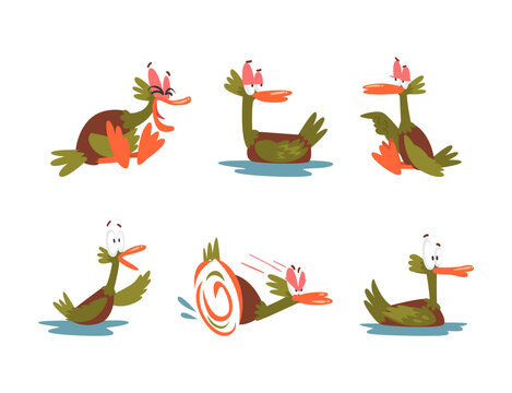 Funny Green Dabbling Duck Character as Feathered Waterfowl Bird Vector Set