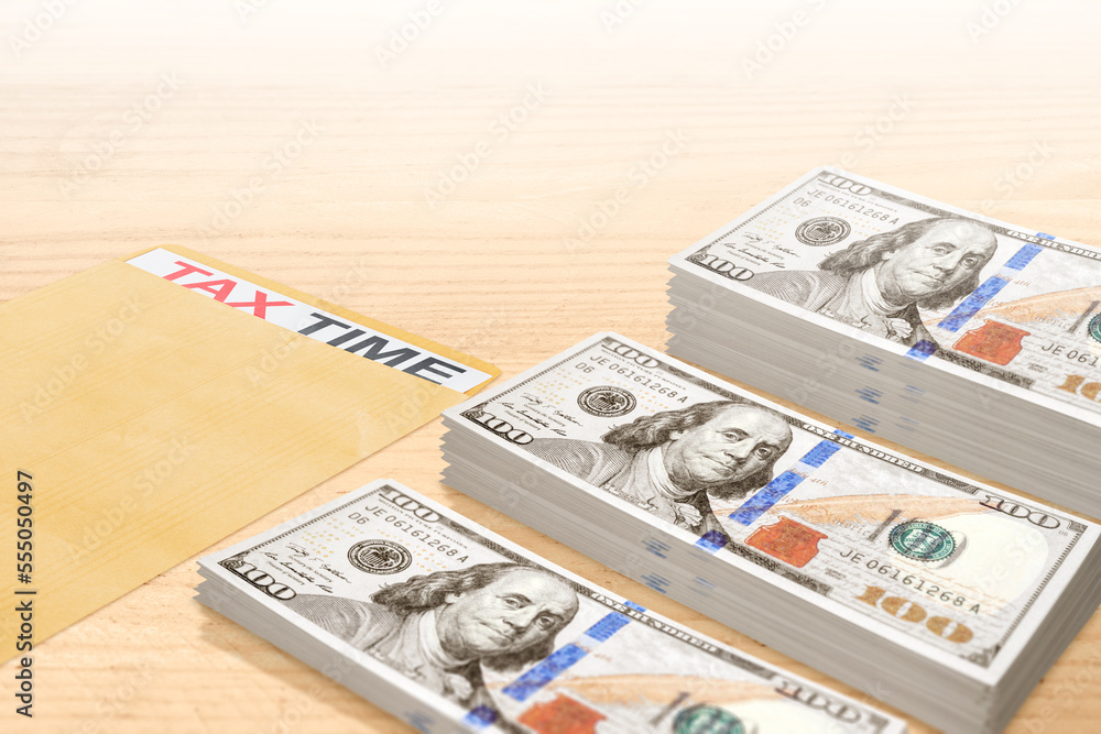 Poster opened envelope with tax time notes with a stack of money