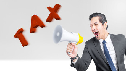 Asian businessman with megaphone reminding for tax