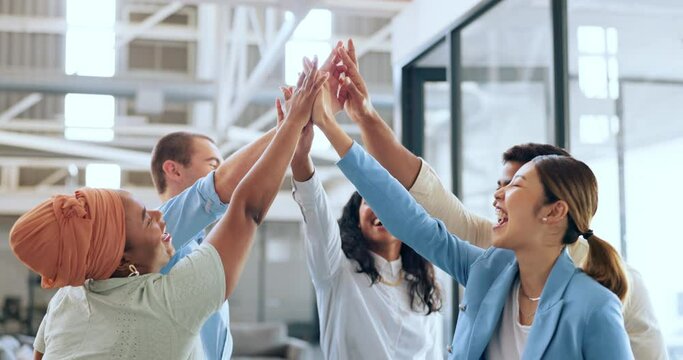 Business people, diversity or high five in teamwork success, advertising goals or team building in marketing modern office. Smile, happy or collaboration hands gesture, creative designer men or women