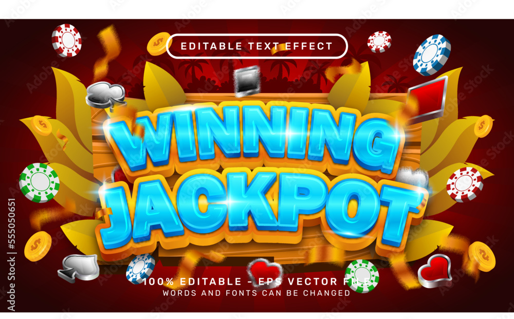 Poster winning jackpot 3d text effect and editable text effect whit wood and leaf nature element