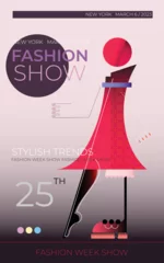 Gordijnen Modeshow / fashion week vector ontwerpsjabloon. Abstract beeld van een modieuze vrouw die op de catwalk loopt. ©  danjazzia