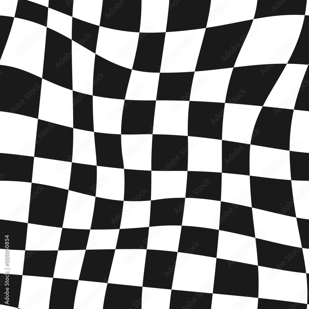 Poster groovy psychedelic wavy chessboard seamless pattern. hippie twisted gingham checkerboard background.