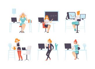 Fototapeta premium Work and Career with Woman Working and Performing Different Activity Vector Set