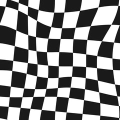 Groovy psychedelic wavy chessboard seamless pattern. Hippie twisted gingham checkerboard background. Checker retro psychedelic seamless texture. Vector illustration isolated on white background.