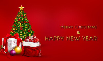 Merry Christmas and Happy New year golden metallic text isolated on red background, Xmas card design, New year wishes, social media poster, banner, greeting card, Christmas tree and gifts. 