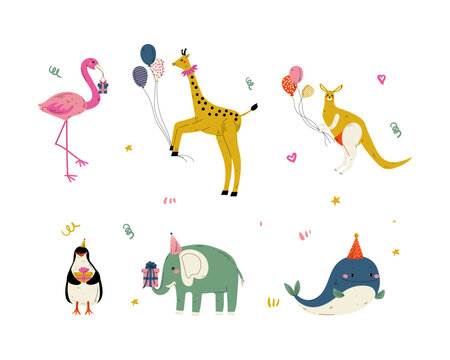 Cute Animal with Gift Box and Balloons Celebrating Birthday Party Vector Set