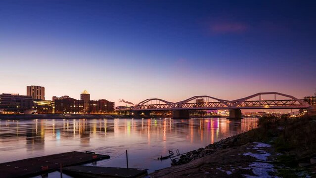 Beautiful Timelapse of the river Rhein with Ludwigshafen in the background during the blue hour