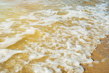 Close-up of a beach with a calm transparent wave. Romantic sea coast with golden sand.