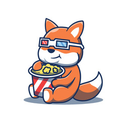 Cute fox mascot eating popcorn vector illustration