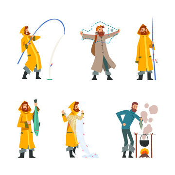 Fisherman characters set. Men fishing with rod and net, showing off big fish caught, cooking freshly caught fish on fire cartoon vector illustration