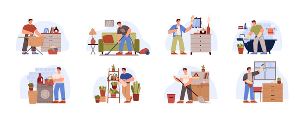 Set of men doing housework flat style, vector illustration