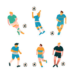 Fototapeta na wymiar Football soccer players playing with ball set. Male athletes jumping, running and kicking ball cartoon vector illustration