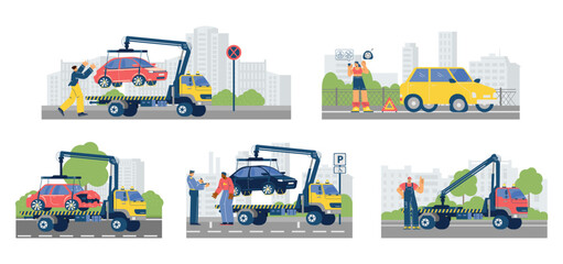 Set of scenes about tow trucking flat style, vector illustration