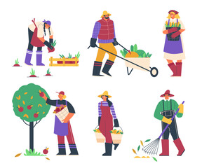 Farm workers work in garden cartoon flat vector illustration isolated.