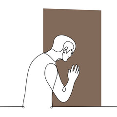 man standing at the door looking through the peephole - one line drawing vector. concept an unexpected guest, an introvert does not want to let in, a neighbor peeps