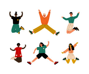 Happy multiracial people jumping in air set. Girls and guys in modern stylish clothes celebrating success, having fun cartoon vector illustration
