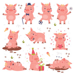 Funny Pink Pig Character Engaged in Different Activity Vector Set