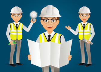 Set of flat engineer with different poses