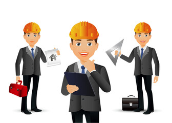 Set of flat engineer with different poses
