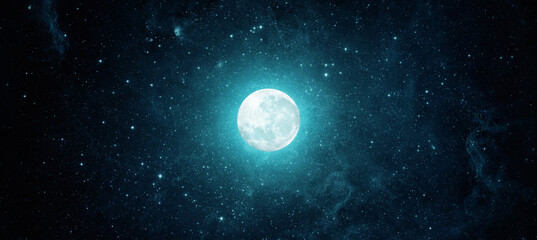 Full moon against the background of the starry sky. Lunar background in turquoise color. Moon and stars view from space.