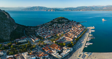 Aerial view of the city Nafplion in Greece on a sunny day in autumn