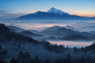 Fototapeta na wymiar fantastic wonderland landscape Milky Way above mountains in fog at night in autumn