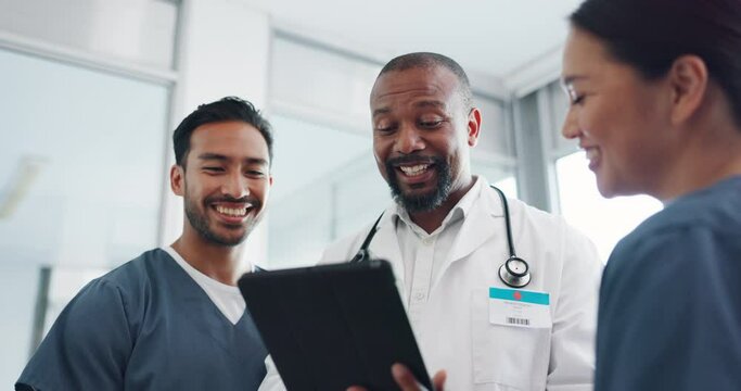 Tablet, doctor and nurses conversation, communication and online research in hospital. Black man, medical professional or staff talking, digital schedule for surgery or smile for results or diagnosis