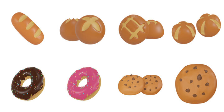 3d rendering. Bread icon set on a white background.baguette, boule bread, donut, cookie