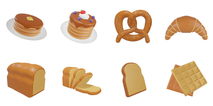 3d rendering. Bread icon set on a white background.pancake, strawberry, pretzel, croissant, hokkaido bread,bread slice, waffle
