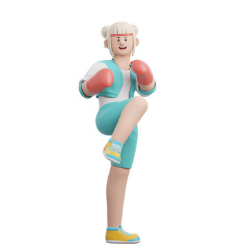 3D Rendering Woman doing Kick Boxing