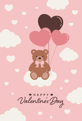 valentine’s day vector background with a teddy bear with heart balloons in the sky for banners, cards, flyers, social media wallpapers, etc.