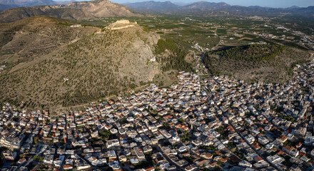 Fototapeta na wymiar Aerial view of the city Argos in Greece on a sunny morning in autumn 