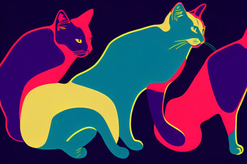 Fototapeta na wymiar Neon colors on a black background Cats vector illustration