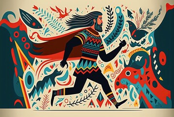 Norwegian folk art style illustration of a man in old fashion cloth with red robe look like an hero in his journey