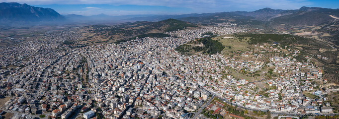 Aerial view of the city Lamia in Greece on an early morning in autumn - obrazy, fototapety, plakaty