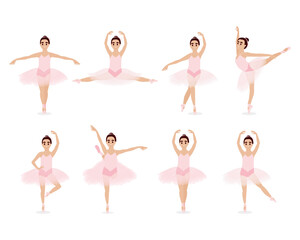 Set of beautiful little girl in a pink tutu. Cute little ballerina is dancing. Vector illustration isolated on white background