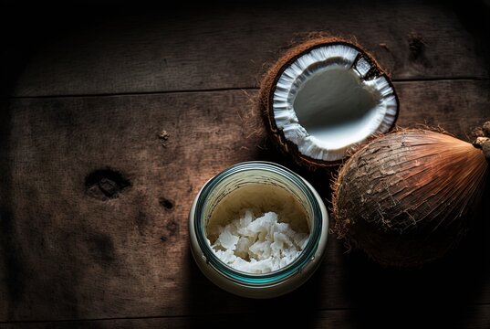 illustration of natural coconut oil on wooden desk  with copy space