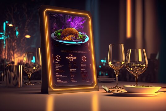 illustration of futuristic restaurant with hologram or smart panel interface for customer to use