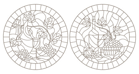 Set of contour illustrations in stained glass style with still lifes , a bottle of wine and fruit, dark contours on a white background