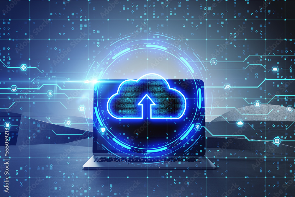Poster close up of laptop with glowing cloud hologram on blurry background. server and data storage concept