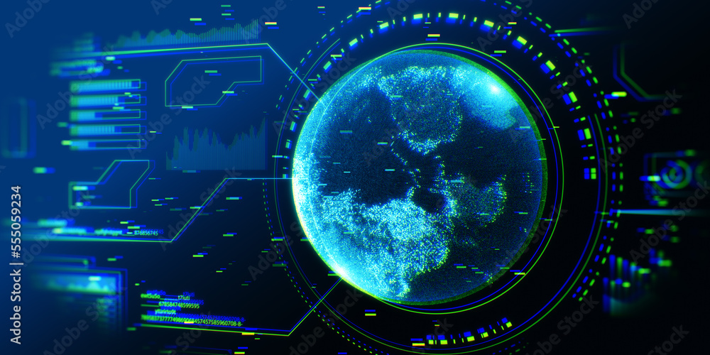 Leinwandbilder Global data connection technology concept with screen texture of abstract global stats data on digital interface and world map on dark technological background, hud template. 3D rendering