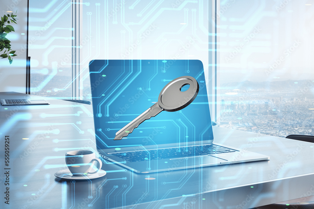 Poster Close up of desktop with laptop, coffee cup and abstract circuit and key hologram on blurry background with window and city view. Security and tech lock concept. Double exposure.